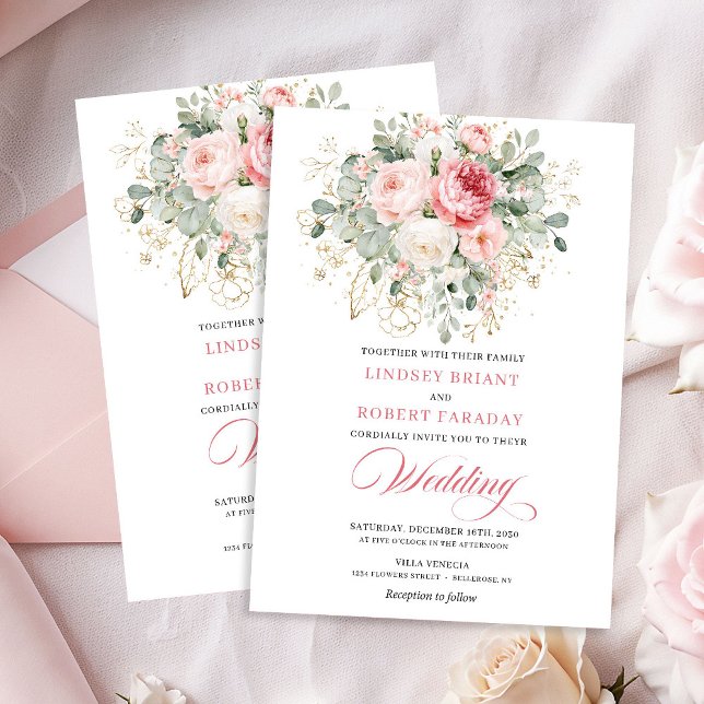 Convite de Casamento Floral Rosa Bege Dourado Mode (Trendy Blush Rose Gold Floral Wedding Invitation)
