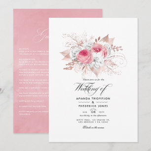 Convite de Casamento Floral Rosa Bege e Dourado Ro