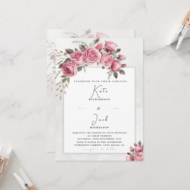 Convite de Casamento Floral Rosa Bege Editável (Frente/Verso In Situ)