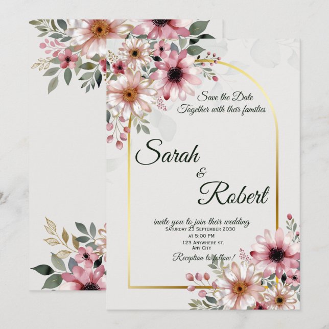 Convite de Casamento Floral Rosa Bege Elegante (Frente/Verso)