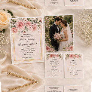 Convite de Casamento Floral Rosa Bege Elegante com
