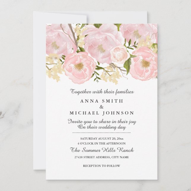 Convite de Casamento Floral Rosa Bege Lindíssimo (Frente)
