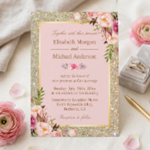 Convite de Casamento Floral Rosa Beijo Dourado Bri