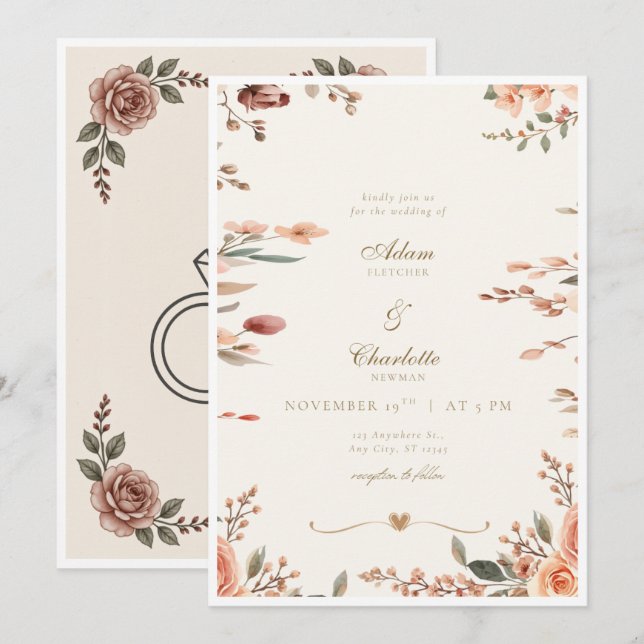 Convite de Casamento Floral Rosa Blush Descrição (Frente/Verso)