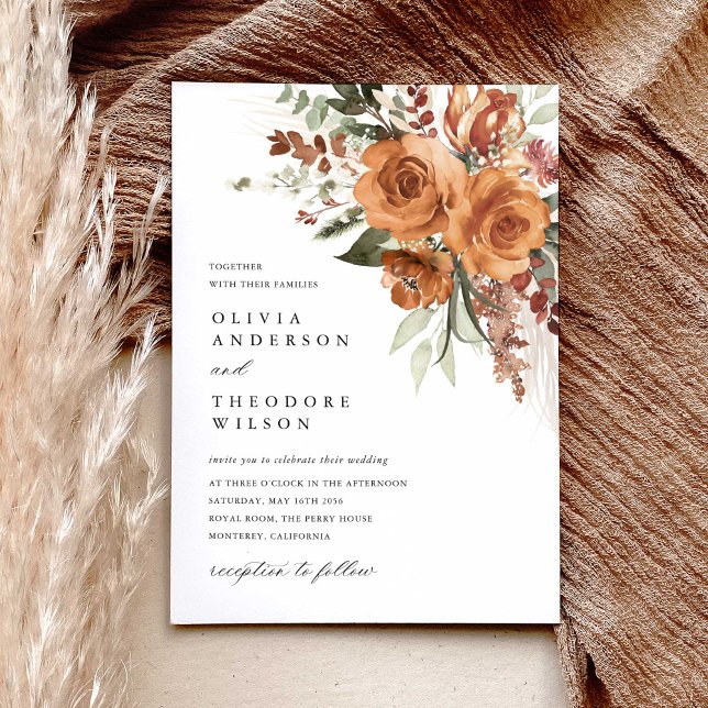 Convite de Casamento Floral Rosa Boho Terracota em (Terracotta rose floral wedding invitation with pampas accents, bohemian watercolor, modern classic)