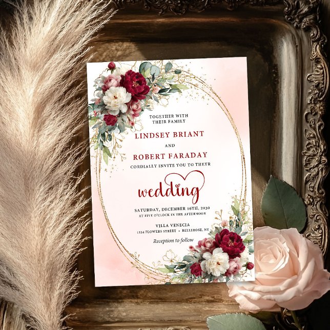 Convite de Casamento Floral Rosa Borgonha Aquarela (Watercolor Burgundy Blush Floral Wedding Invitation)
