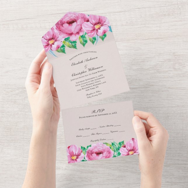 Convite de Casamento Floral Rosa com Folhagens Tud (Aba destacável)