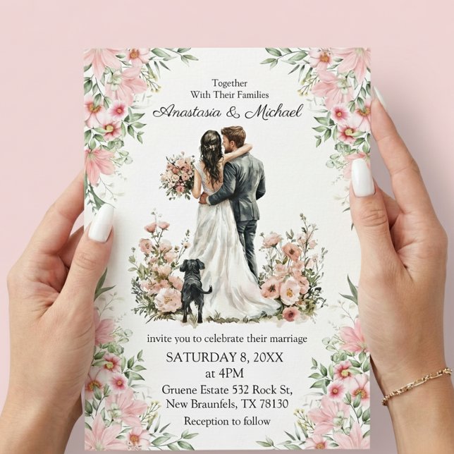 convite de casamento floral rosa com letra moderna (Criador carregado)