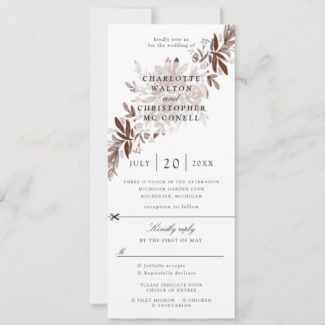 Convite de casamento floral rosa com resposta anex (Frente)