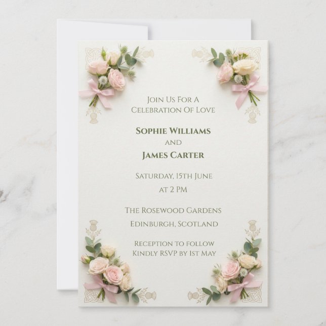 Convite de Casamento Floral Rosa Corado (Frente)