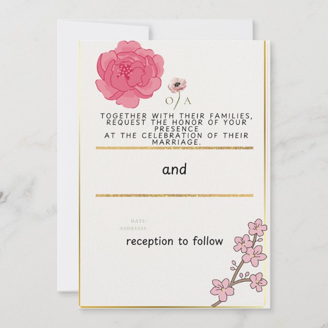 Convite de Casamento Floral Rosa & Dourado | Flor  (Frente)