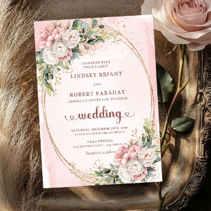 Convite de Casamento Floral Rosa Dourado Luxuoso
