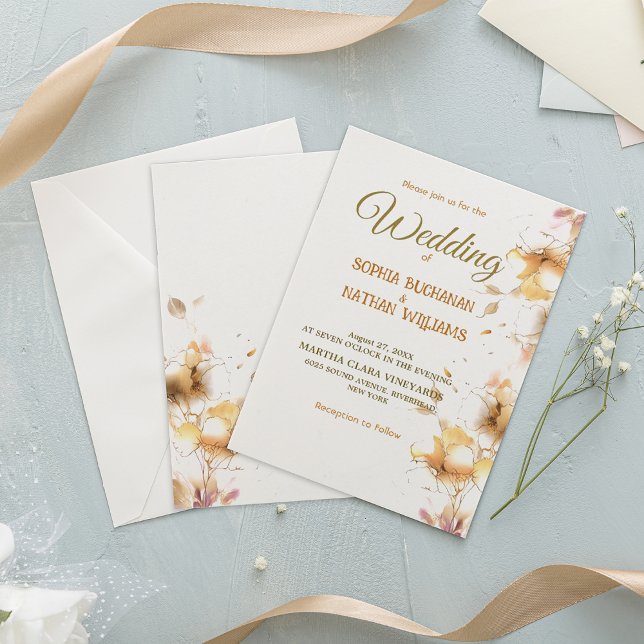 Convite de casamento floral rosa-dourado moderno (Criador carregado)