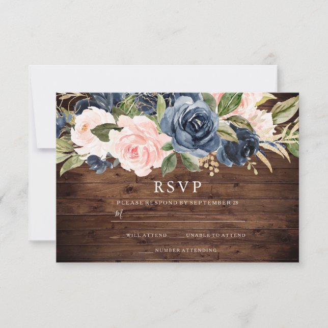 Convite de Casamento Floral Rosa e Azul com RSVP R (Frente)