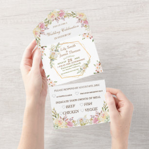 Convite de Casamento Floral Rosa e Branco Tudo em