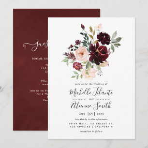 Convite de Casamento Floral Rosa e Cor de Bordeaux