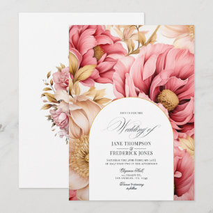 Convite de Casamento Floral Rosa e Dourado