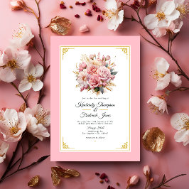 Convite de Casamento Floral Rosa e Dourado