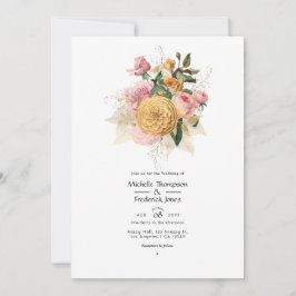 Convite de Casamento Floral Rosa e Dourado