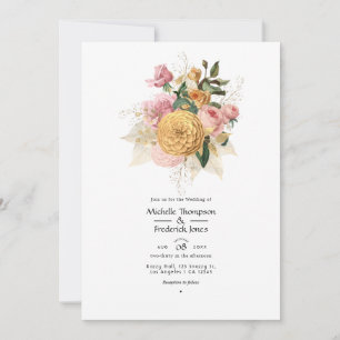 Convite de Casamento Floral Rosa e Dourado