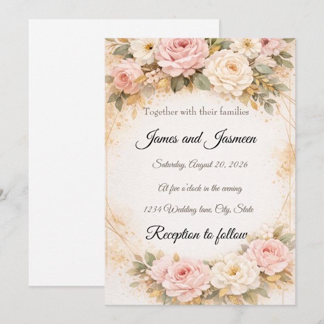 Convite de Casamento Floral Rosa e Dourado Elegant (Frente/Verso)
