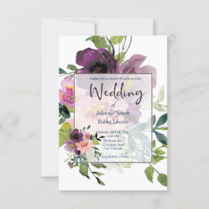 Convite de casamento floral rosa e roxo elegante