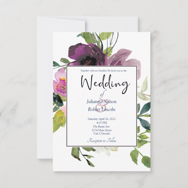 Convite de casamento floral rosa e roxo elegante (Frente)