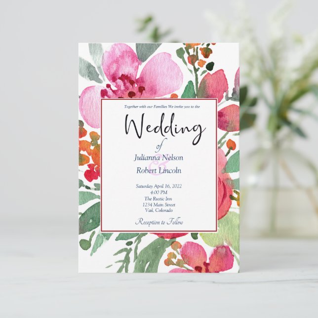 Convite de casamento floral rosa e vermelho elegan (Em pé/Frente)