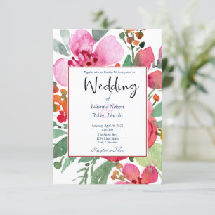 Convite de casamento floral rosa e vermelho elegan