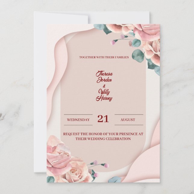 Convite de Casamento Floral Rosa | Elegante (Frente)