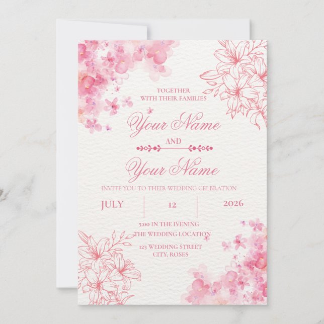 Convite de Casamento Floral Rosa Elegante (Frente)