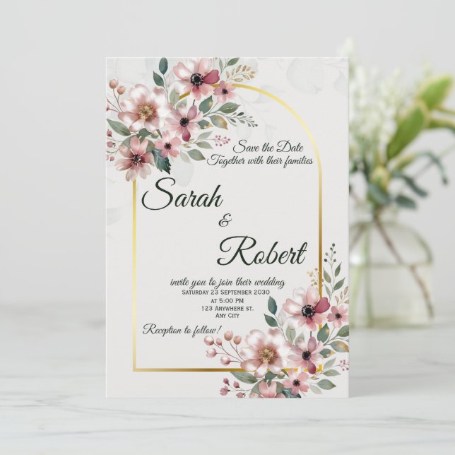 Convite de Casamento Floral Rosa Elegante (Em pé/Frente)
