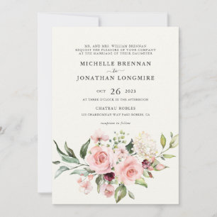 Convite de Casamento Floral Rosa Elegante - Creme