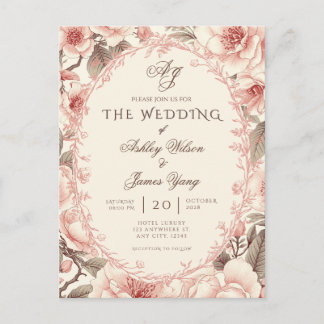 Convite de Casamento Floral Rosa Elegante em Forma