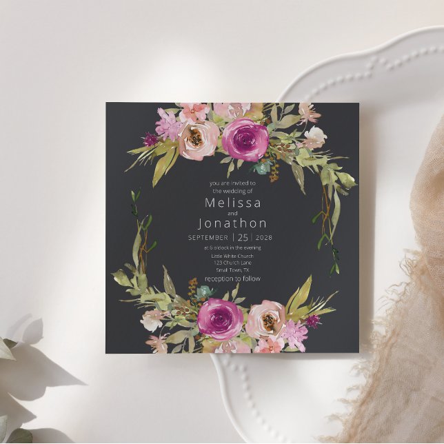 Convite de Casamento Floral Rosa Empoeirado Roxo (Criador carregado)