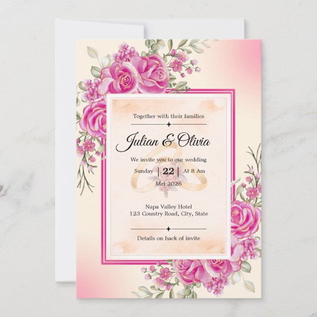 Convite de Casamento Floral Rosa Fúcsia Elegante (Frente)