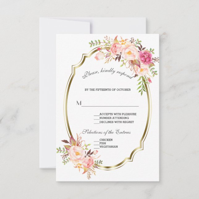 Convite de Casamento Floral Rosa Glam Gold RSVP (Frente)