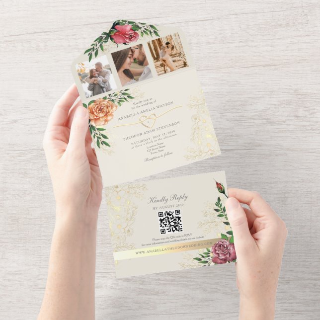 Convite de Casamento Floral Rosa Laranja Elegante (Aba destacável)