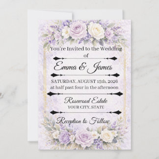 convite de casamento floral rosa lavanda