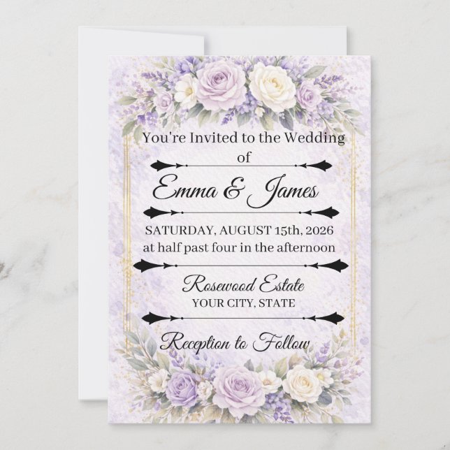 convite de casamento floral rosa lavanda (Frente)