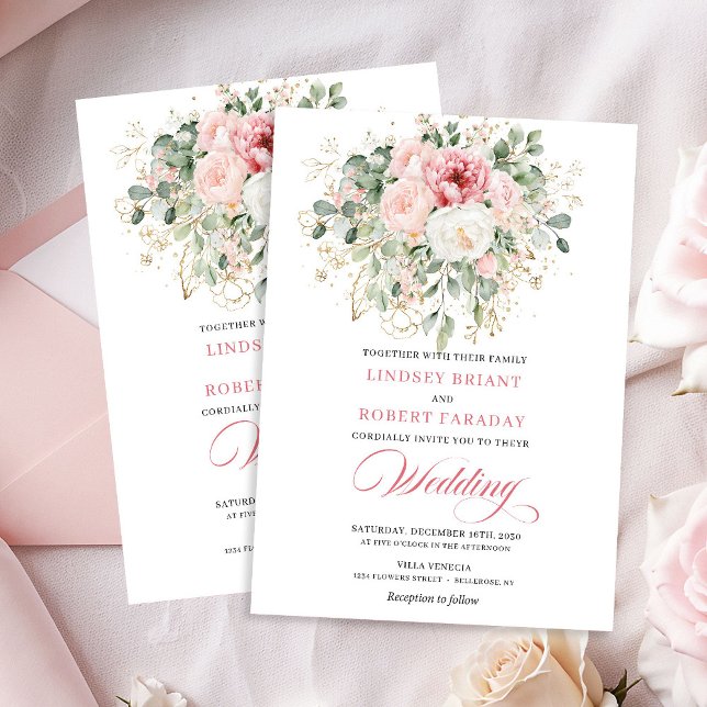 Convite de Casamento Floral Rosa Luxuoso com Doura (Opulent Blush Floral Gold Wedding Invitation)