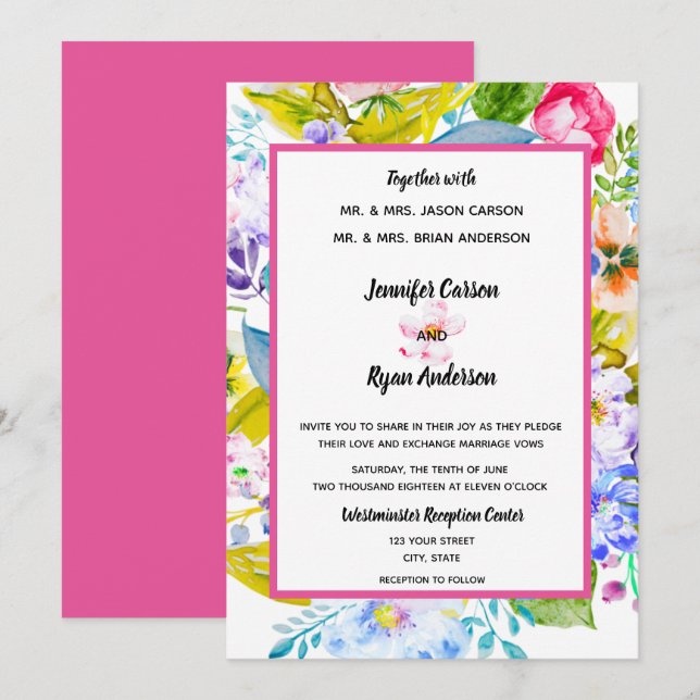 Convite de Casamento Floral Rosa Moderno (Frente/Verso)