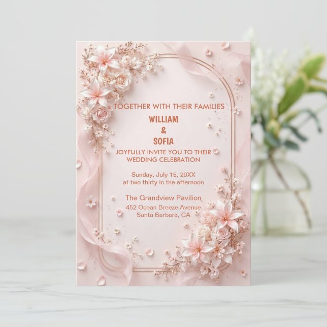 Convite de Casamento Floral Rosa Moderno e Tendênc (Em pé/Frente)