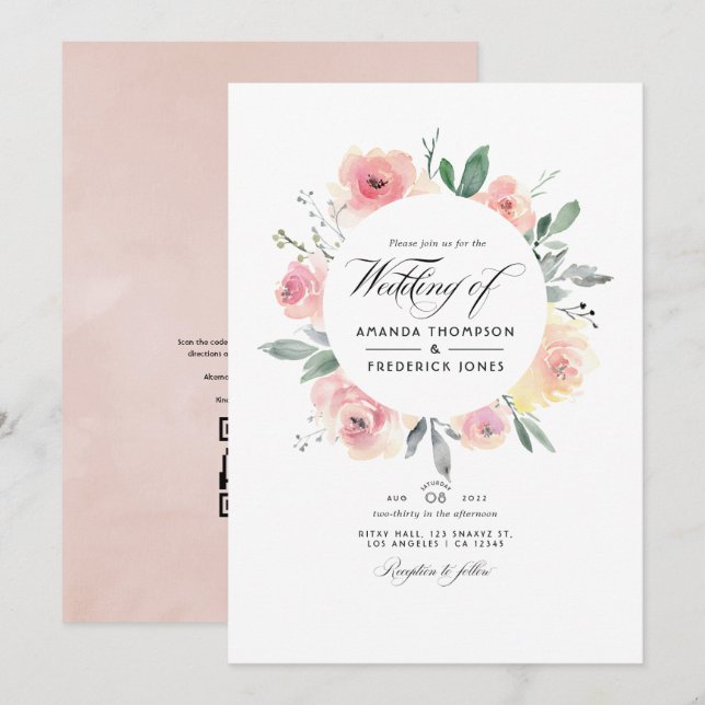 Convite de Casamento Floral Rosa Pastel com Código (Frente/Verso)