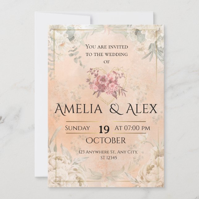 Convite de Casamento Floral Rosa | Personalizável  (Frente)