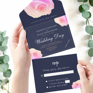 Convite de Casamento Floral Rosa Pink Azul Naval