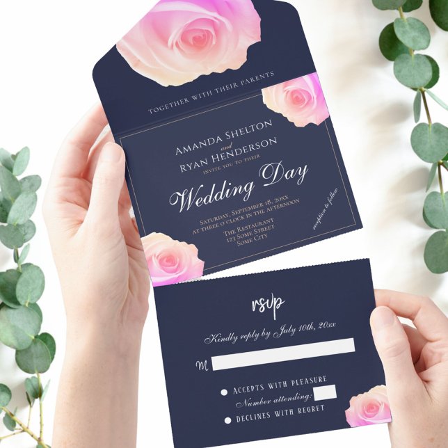 Convite de Casamento Floral Rosa Pink Azul Naval  (Criador carregado)