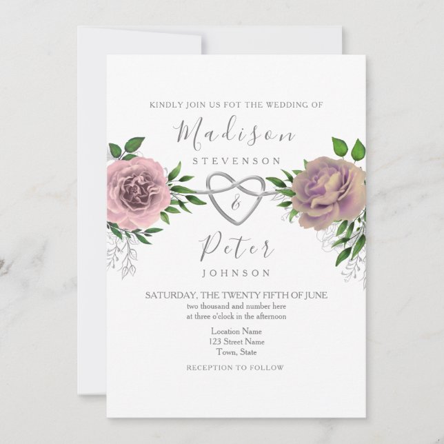Convite de Casamento Floral Rosa Poeira Verde (Frente)