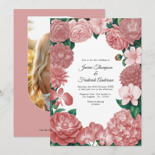 Convite de Casamento Floral Rosa Poeirento com Fot