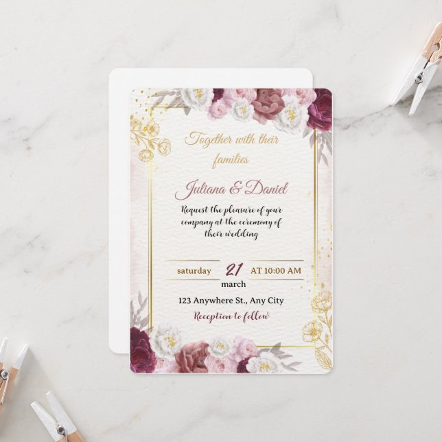 Convite de Casamento Floral Rosa Poético | Bo (Frente/Verso In Situ)